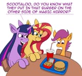 1502530__safe_artist-colon-hellarmy_scootaloo_sunset+shimmer_twilight+sparkle_alicorn_pegasus_pony_unicorn_burger_drink_evil_food_hay+burger_horseshoe+fries_imp