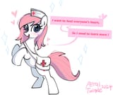 3149960__safe_artist-colon-petaltwinkle_derpibooru+import_nurse+redheart_earth+pony_pony_alternate+hairstyle_bag_blushing_dialogue_female_heart_heart+e