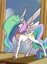 1068327__safe_artist-colon-greyscaleart_derpibooru+import_princess+celestia_alicorn_pony_cloud_floppy+ears_solo_spread+wings