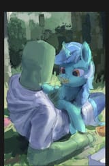 2251061__safe_artist-colon-rhorse_ponerpics+import_lyra+heartstrings_oc_oc-colon-anon_human_pony_unicorn_daisy+(flower)_duo_female_flower_horn_lyin
