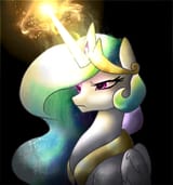 3567881__safe_artist-colon-mazeness_manebooru+import_princess+celestia_alicorn_pony_g4_black+background_bust_female_frown_glow_glowing+horn_horn_image_