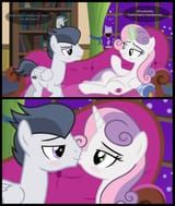 3518821__safe_artist-colon-lunaticdawn_rumble_sweetie+belle_pegasus_pony_unicorn_g4_alcohol_bedroom+eyes_blushing_bookshelf_comic_couch_cute_duo_duo+male+and+fe