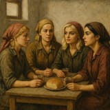 The Four Albanians discuss the day over tea and bread