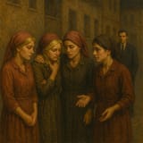 The Four Albanians bid each other good evening while a mysterious man watches them