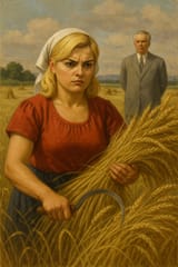 Bebe Rexha harvests grain while Hoxha watches