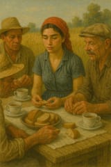 Socialist Realism Dua Lipa sits down over bread and tea with fellow farmers