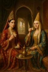 Ottoman Dua and Ava sip coffee inside the palace