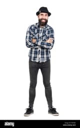 laughing-hipster-wearing-fedora-black-hat-with-crossed-arms-looking-FEF9R9