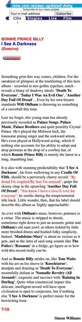 NME.COM - BONNIE PRINCE BILLY - I See A Darkness - 25 January 1999