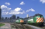 BN E9AM 9923 Burlington Northern Railroad E9AM 9923 and 9911 at the former CB&amp;Q 14th Street Coach Yard in Chicago, Illinois on July 6, 1984, Kodachrome by Chuck Zeiler