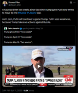 steven_pifer 11-06-2025, It has now been two weeks since last time Trump gave Putin two weeks to move to end #Russia-#Ukraine war. As in past, Putin will continue to game Trump.