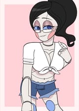 9243 - 1girl artist_piggommi belly_button character_bonnie colored eye_reflection eye_shadow hair_up hand_..._the_side makeup midriff nandroid panel_line pointing pointing_at_self reflection shaded short_shorts shorts simple_backgr