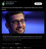 2023-08-14 Google Announces Worldwide BAN on Independent Media From Search Results @illuminatibot Twitter Tweet Orwellian Dystopian Censorship Big Brother