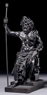 Roman bronze figure of Jupiter holding a sceptre and a thunderbolt. 1st-2nd century CE