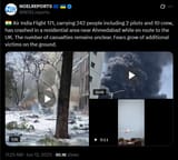 Air India Flight 171, carrying 242 people including 2 pilots and 10 crew, has crashed in a residential area near Ahmedabad while en route to the UK 12-06-2025