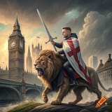 craiyon_174141_tommy_robinson_riding_a_lion_holding_a_big_sword_through_london_with_a_st_georges_flag_cape