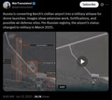 Russia is converting Kerch’s civilian airport into a military airbase for drone launches. Images show extensive work, fortifications, and possible air defense sites 13-06-2025