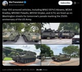 Over 100 armored vehicles, including M1A2 SEPv3 Abrams, M2A4 Bradley, M109A7 Paladin, M1256 Stryker, and JLTV, are lined up on Washington streets 13-06-2025