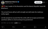 Screenshot 2025-06-13 at 18-25-19 Middle East Observer on X ⚡️⭕️ Iran Leader of the Revolution and the Islamic Republic Sayed Ali Khamenei The armed forces will act with strength and will make the malicious entity regret. Let[...]