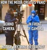 how-the-media-creates-panic-covid-coronavirus-in-front-of-camera-full-protection-uniform-vs-behind-camera-casual-clothes-notice-anything-different