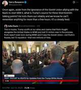 Kasparov63 13-06-2025, Once again, aside from the ignorance of the Soviet Union allying with the Nazis to start WW II, what is Trump‘s source for these tired Kremlin