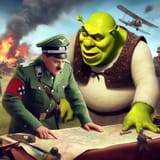 ai_art_shrek_and_nazi_leutenant_planning_on_top_of_map_inside_a_war_zone