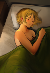 1girl, artist_usergore, indoors, bedroom, bedsheets, pillow, from above, s-2557931094
