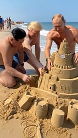 Putin, Trump and Kim building a sandcastle