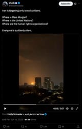 Screenshot 2025-06-14 at 20-59-03 (9) Vivid.🇮🇱 on X Iran is targeting only Israeli civilians. Where is Piers Morgan Where is the United Nations Where are the human rights organizations Everyone is suddenly silent[...]