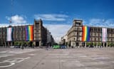 Mexico City catholic government buildings decorated with massive LGBT and trans pride flags