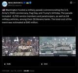 Washington hosted a military parade commemorating the U.S. Army’s 250th anniversary, Flag Day, and Trump’s birthday. The parade included ~6,700 service members 15-06-2025