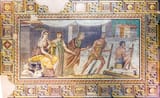 Unknown artist (Roman 2nd c.) Pasiphae, a maiden, and Trophos watch Daedalus and Icarus making a wooden cow - mosaic late 2nd c. [from the House of Poseidon in Zeugma]
