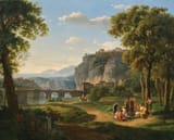Johann Nepomuk Schödlberger (Vienna, Archduchy of Austria, Holy Roman Empire 1779-1853 Vienna, Austrian Empire) An Arcadian Landscape with a Bridge - Oil on canvas 1809-min