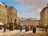 Rudolf von Alt (Vienna, Austrian Empire 1812-1905 Vienna, Austro-Hungarian Monarchy) The New Market in Vienna in Winter - Oil on canvas 1835-min
