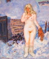 Yuri Ivanovich Penushkin (Leningrad, USSR 1935-2021 Paris, French Republic, E.U.) Обнаженная у бани в валенках (Naked at the bathhouse in felt boots) - Холст, масло 1972