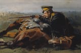 Nikolay Semyonovich Samokish (Nezhin 1860-1944 Simferopol) Спешившийся астраханский казак стреляет из карабина из-за лошади (A dismounted Astrakhan Cossack shoots a carbine from behind his horse)