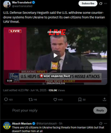 U.S. Defense Secretary Hegseth said the U.S. withdrew some counter-drone systems from Ukraine to protect its own citizens from the Iranian UAV threat 14-06-2025 HD