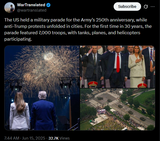 The US held a military parade for the Army’s 250th anniversary, while anti-Trump protests unfolded in cities. For the first time in 30 years, 15-06-2025