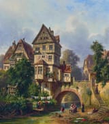 Christian Friedrich Mali (Darthuizen, Province of Utrecht, Kingdom of the Netherlands 1832-1906 München, Kingdom of Bavaria, German Reich) Wash day before a small town - Oil on canvas 1853 (QR)-min