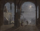 Franz Ludwig Catel (Berlin, Kingdom of Prussia 1778-1856 Rome, State of the Church) Loggia mit Figuren bei Mondschein - Öl auf Papier c.1845-min