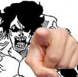 green bull pointing at a subhuman