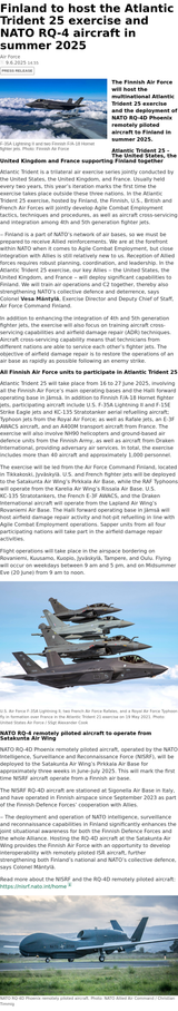 Finland to host the Atlantic Trident 25 exercise and NATO RQ-4 aircraft in summer 2025 - Maavoimat - The Finnish Army