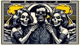 two women who are swooning over the man with nuclear explosions in the background the two women have skeleton faces and menacing glares unbeknownst to the man who believes he&#039;s having the time of his life.