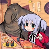 dokuro chan eating sushi with a weird manity or walrus thing embarrassed food