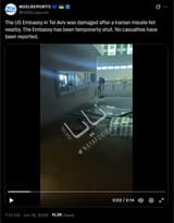 The US Embassy in Tel Aviv was damaged after a Iranian missile fell nearby. The Embassy has been temporarily shut. No casualties have been reported 16-06-2025 HD