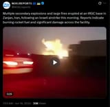 Multiple secondary explosions and large fires erupted at an IRGC base in Zanjan, Iran, following an Israeli airstrike this morning 16-06-2025 burning rocket fuel HD