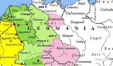 Magna Germania in AD 9. The yellow legend represents the areas controlled by the Roman Republic in 31 BC, the shades of green represent gradually conquered territories under the reign of Augustus, and pink areas on the map represent tributary tribes.