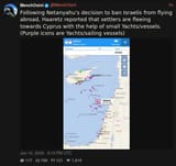 Screenshot 2025-06-16 at 23-54-07 MenchOsint (@MenchOsint) Following Netanyahu&#039;s decision to ban Israelis from flying abroad Haaretz reported that settlers are fleeing towards Cyprus with the help of small Yachts_vessels. (Purple icons are Yachts[...