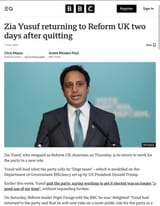 Zia Yusuf returning to Reform UK two days after quitting