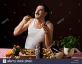 stereotypical-italian-man-eating-pizza-and-gesturing-with-hand-B0X2FM